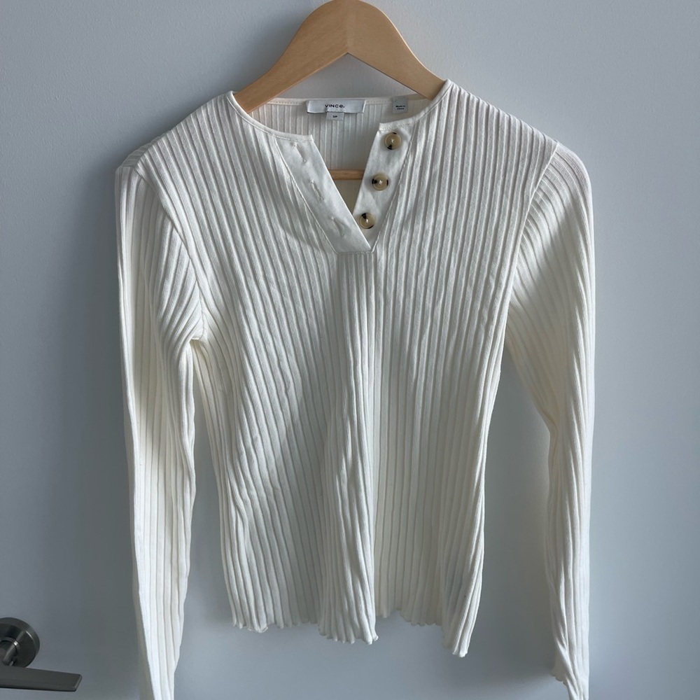 Vince White  Ribbed Long Sleeve Top Henley - Picture 2 of 5